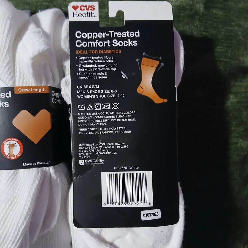 CVS  Copper Treated Comfort Socks White Two 3 Packs New